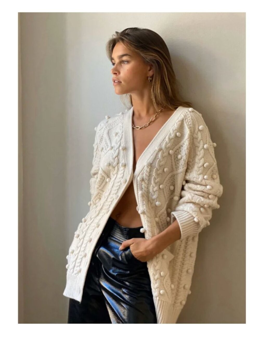 Aritzia Wilfred Alps Ivory Oversized Cable Knit Popcorn Cardigan Merino Wool S